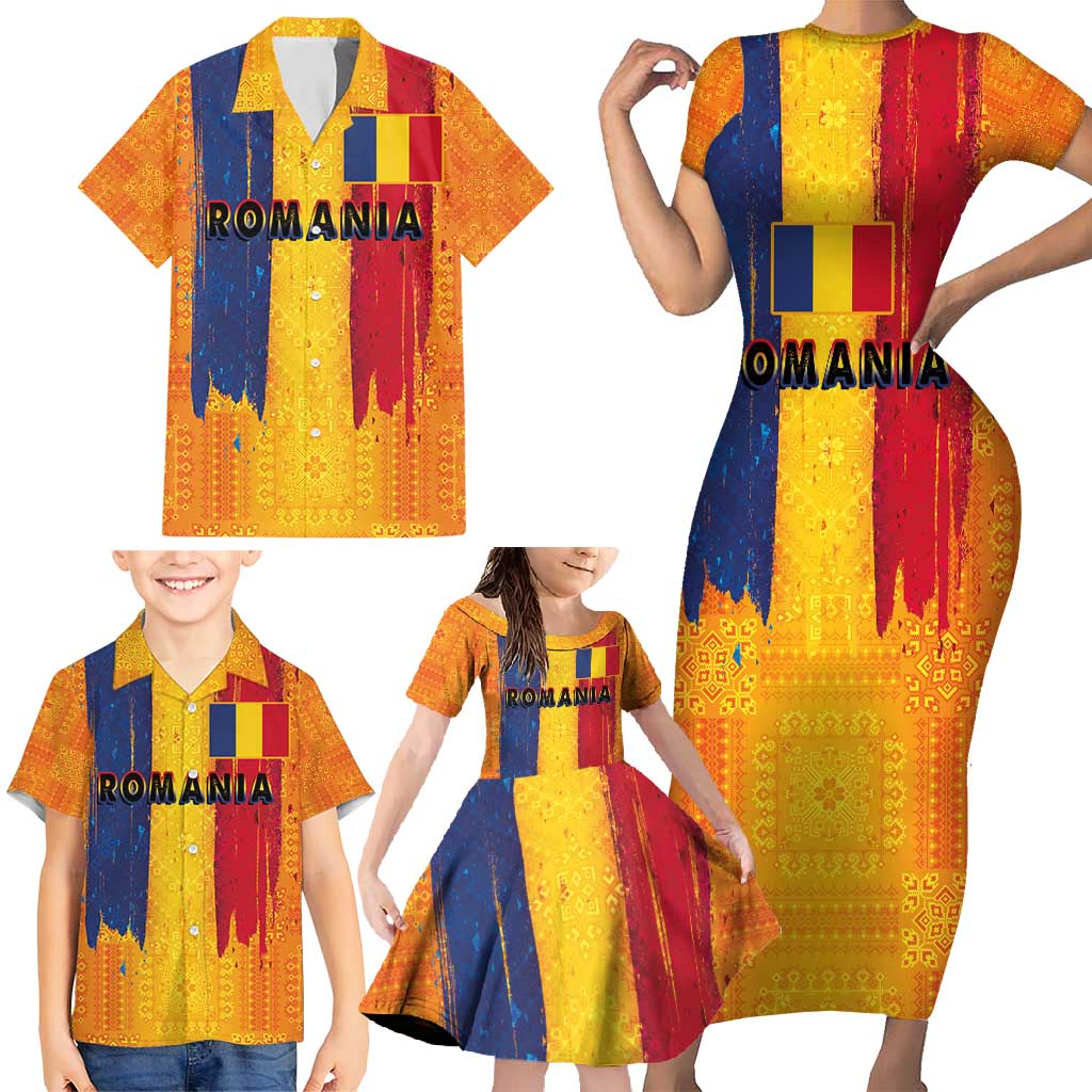 Personalized Romania Flag Day Family Matching Short Sleeve Bodycon Dress and Hawaiian Shirt Traditional Pattern Royal Style