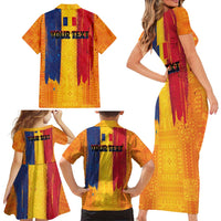 Personalized Romania Flag Day Family Matching Short Sleeve Bodycon Dress and Hawaiian Shirt Traditional Pattern Royal Style
