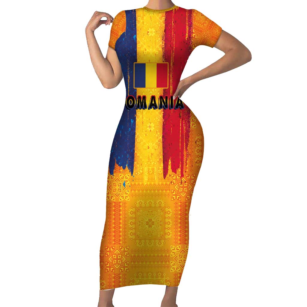 Personalized Romania Flag Day Family Matching Short Sleeve Bodycon Dress and Hawaiian Shirt Traditional Pattern Royal Style