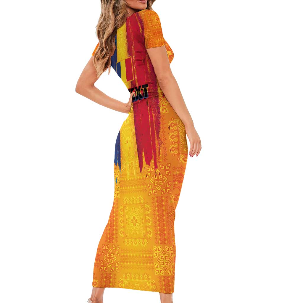 Personalized Romania Flag Day Family Matching Short Sleeve Bodycon Dress and Hawaiian Shirt Traditional Pattern Royal Style