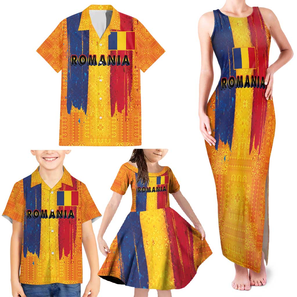 Personalized Romania Flag Day Family Matching Tank Maxi Dress and Hawaiian Shirt Traditional Pattern Royal Style