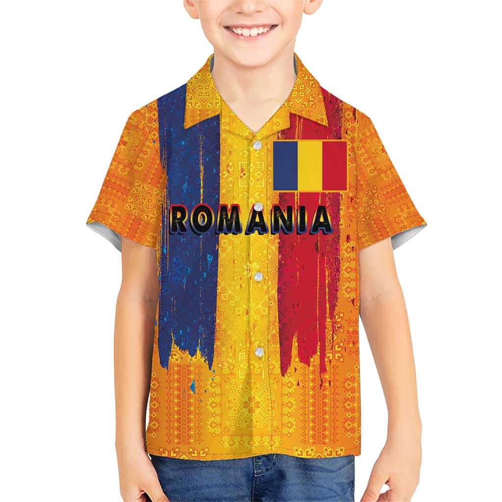 Personalized Romania Flag Day Kid Hawaiian Shirt Traditional Pattern Royal Style