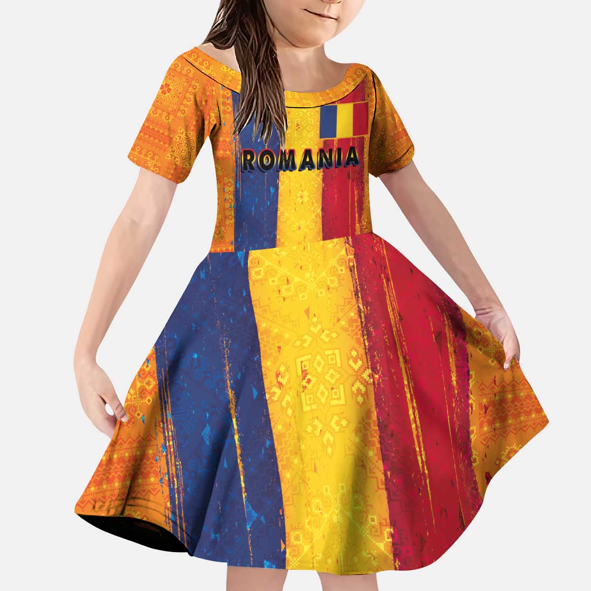 Personalized Romania Flag Day Kid Short Sleeve Dress Traditional Pattern Royal Style