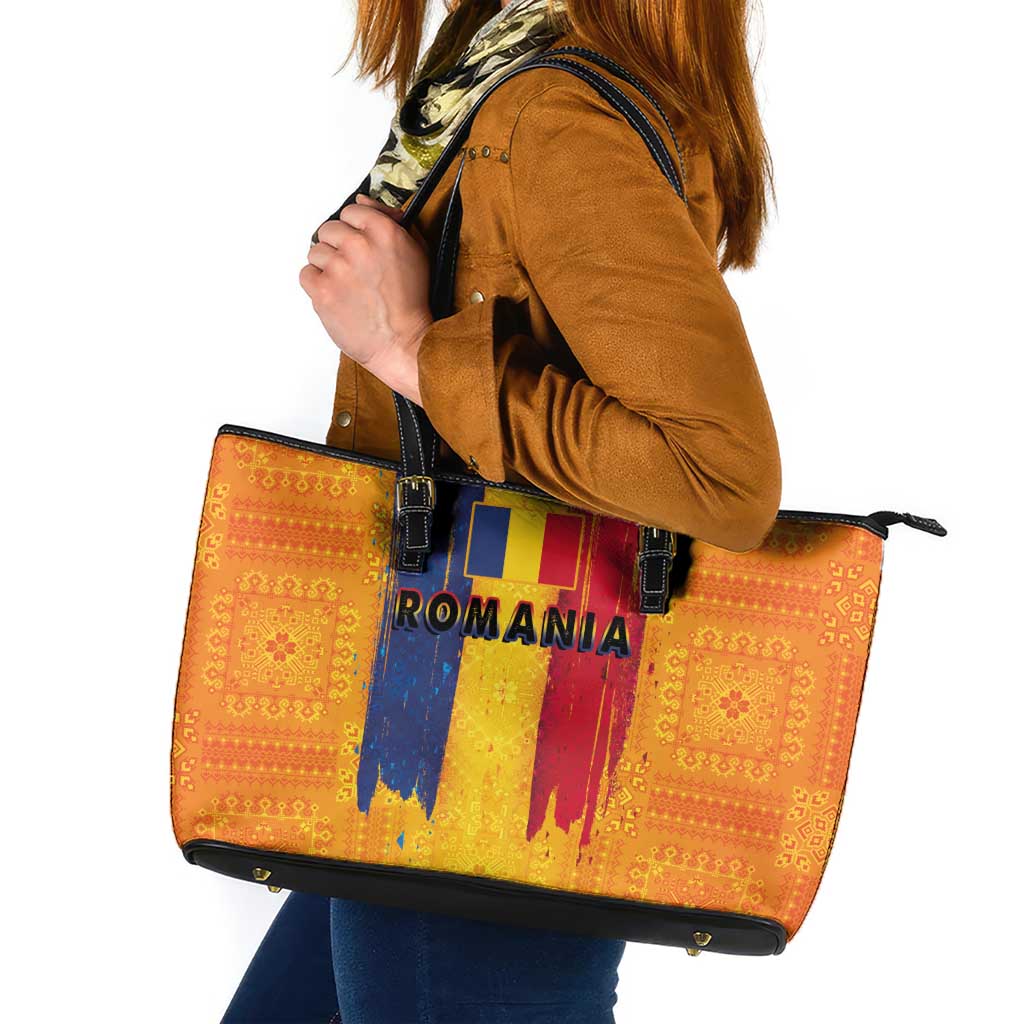 Personalized Romania Flag Day Leather Tote Bag Traditional Pattern Royal Style