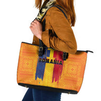 Personalized Romania Flag Day Leather Tote Bag Traditional Pattern Royal Style