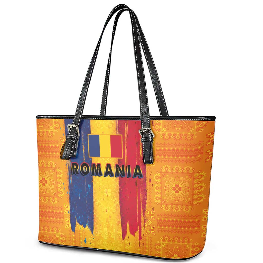 Personalized Romania Flag Day Leather Tote Bag Traditional Pattern Royal Style