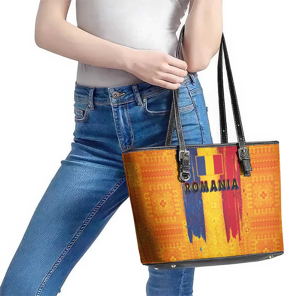 Personalized Romania Flag Day Leather Tote Bag Traditional Pattern Royal Style