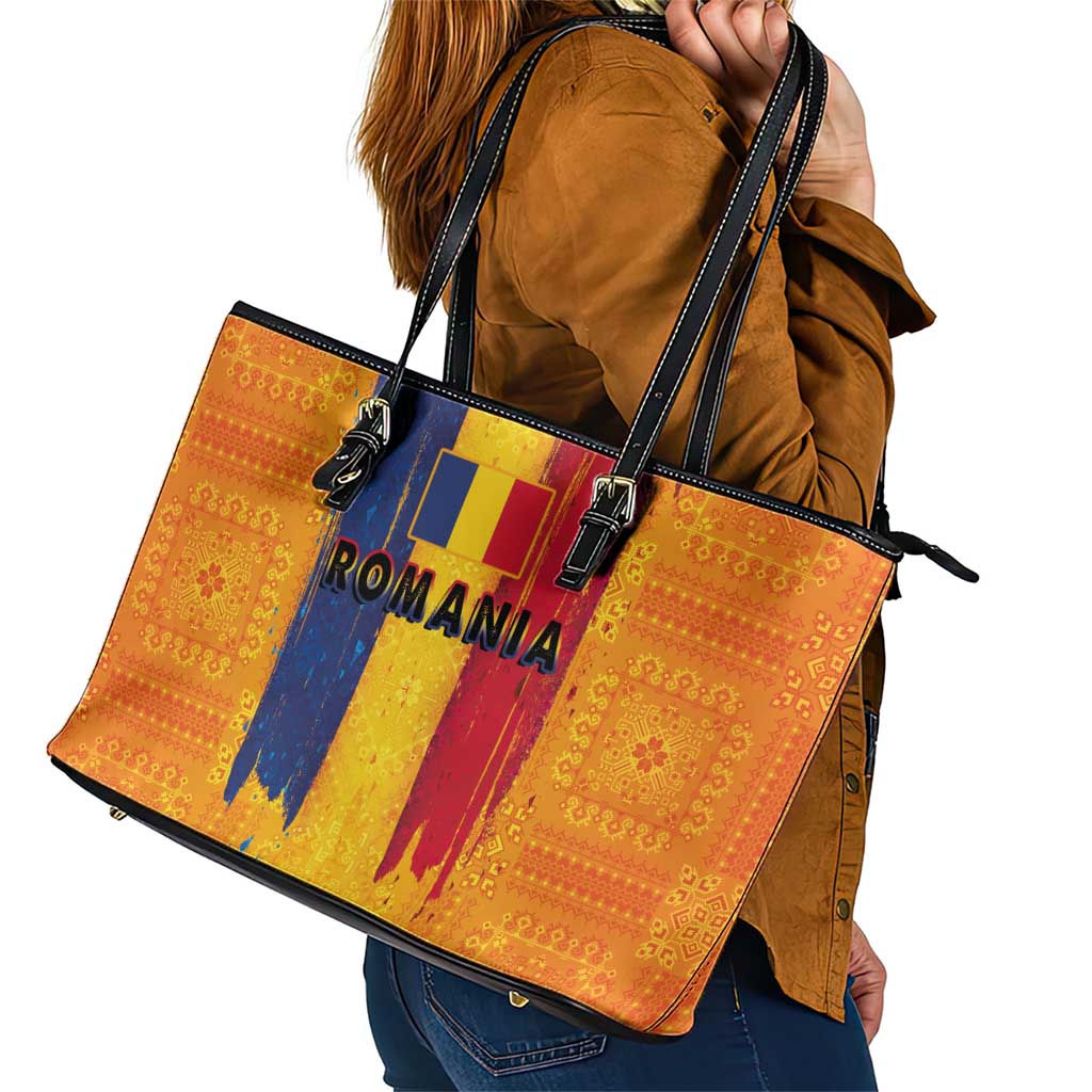 Personalized Romania Flag Day Leather Tote Bag Traditional Pattern Royal Style