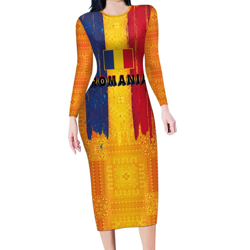 Personalized Romania Flag Day Long Sleeve Bodycon Dress Traditional Pattern Royal Style