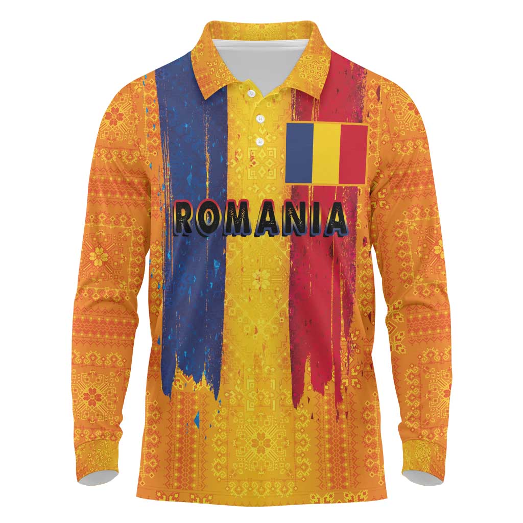 Personalized Romania Flag Day Long Sleeve Polo Shirt Traditional Pattern Royal Style