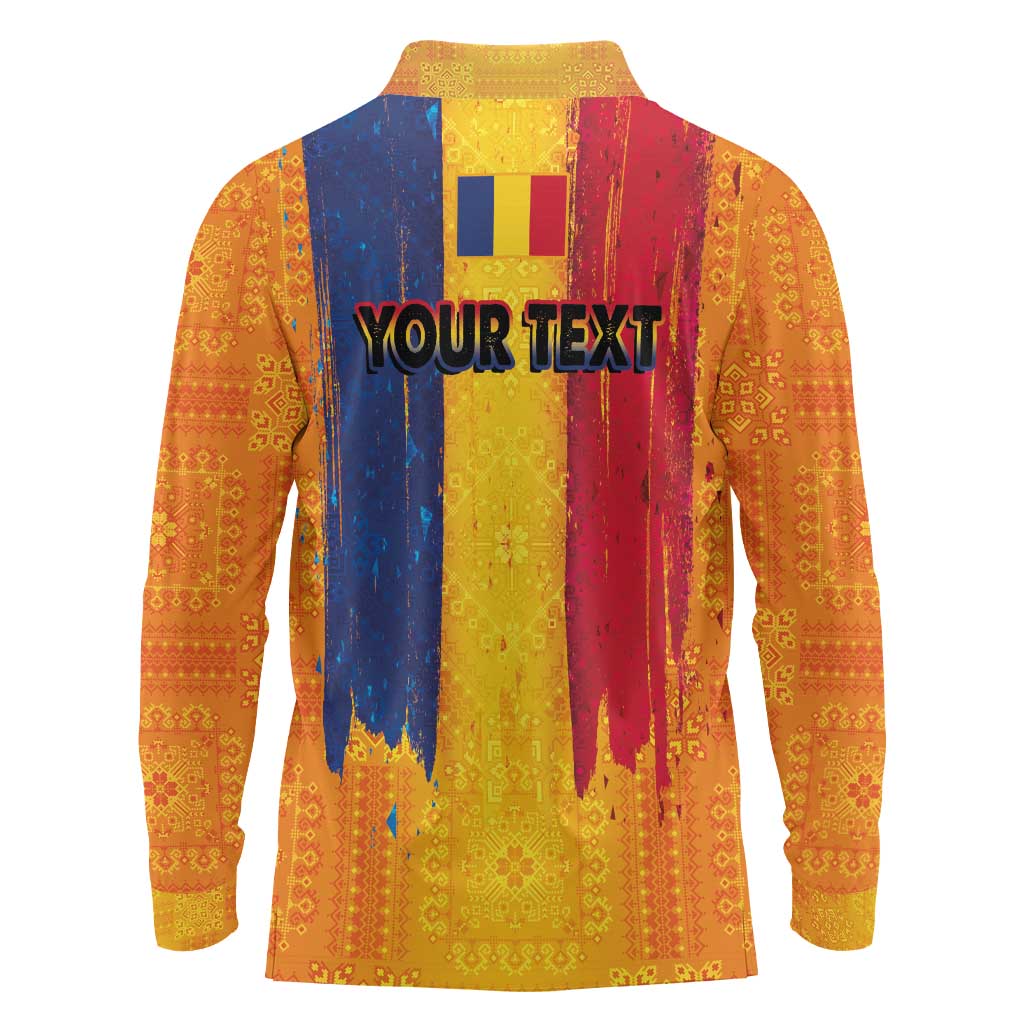 Personalized Romania Flag Day Long Sleeve Polo Shirt Traditional Pattern Royal Style