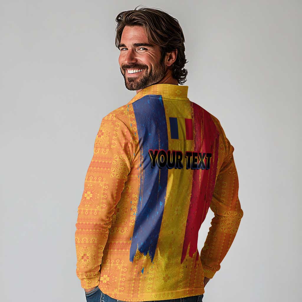 Personalized Romania Flag Day Long Sleeve Polo Shirt Traditional Pattern Royal Style