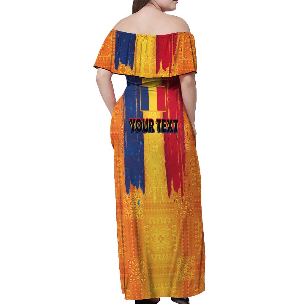 Personalized Romania Flag Day Off Shoulder Maxi Dress Traditional Pattern Royal Style