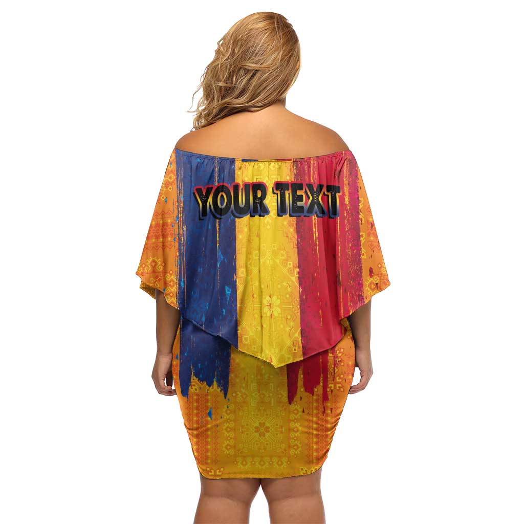 Personalized Romania Flag Day Off Shoulder Short Dress Traditional Pattern Royal Style