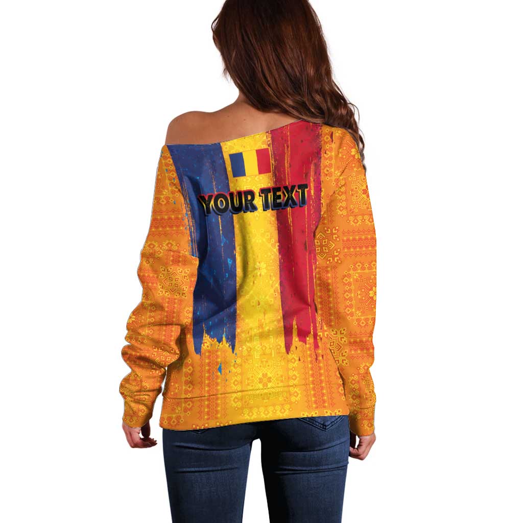 Personalized Romania Flag Day Off Shoulder Sweater Traditional Pattern Royal Style