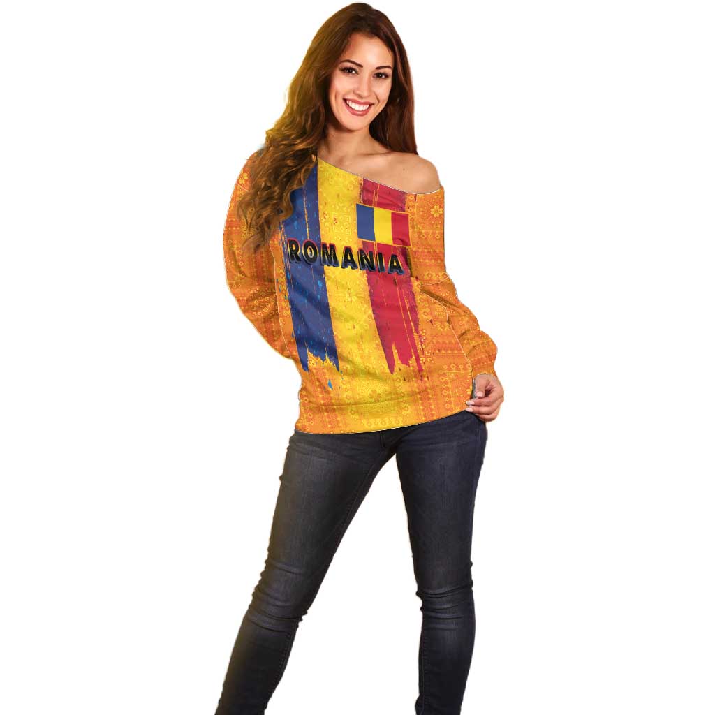 Personalized Romania Flag Day Off Shoulder Sweater Traditional Pattern Royal Style