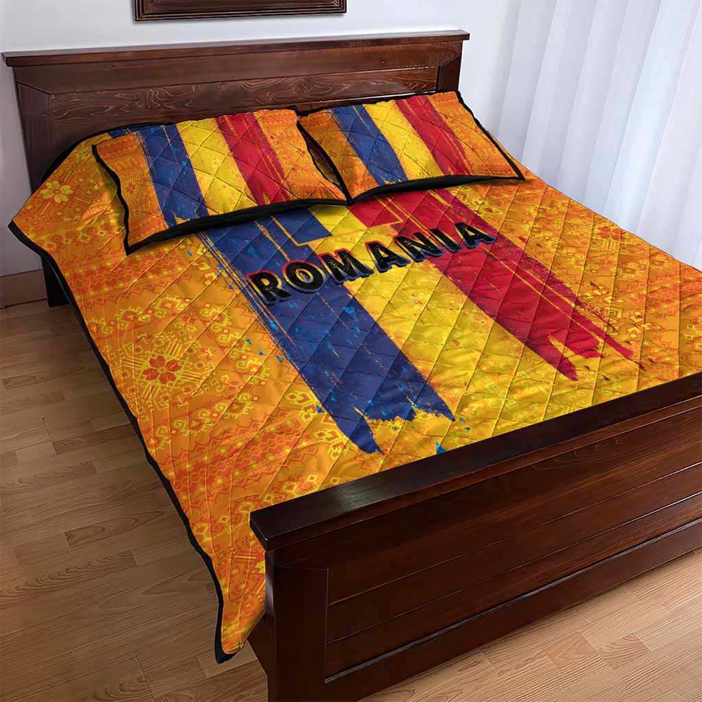 Personalized Romania Flag Day Quilt Bed Set Traditional Pattern Royal Style