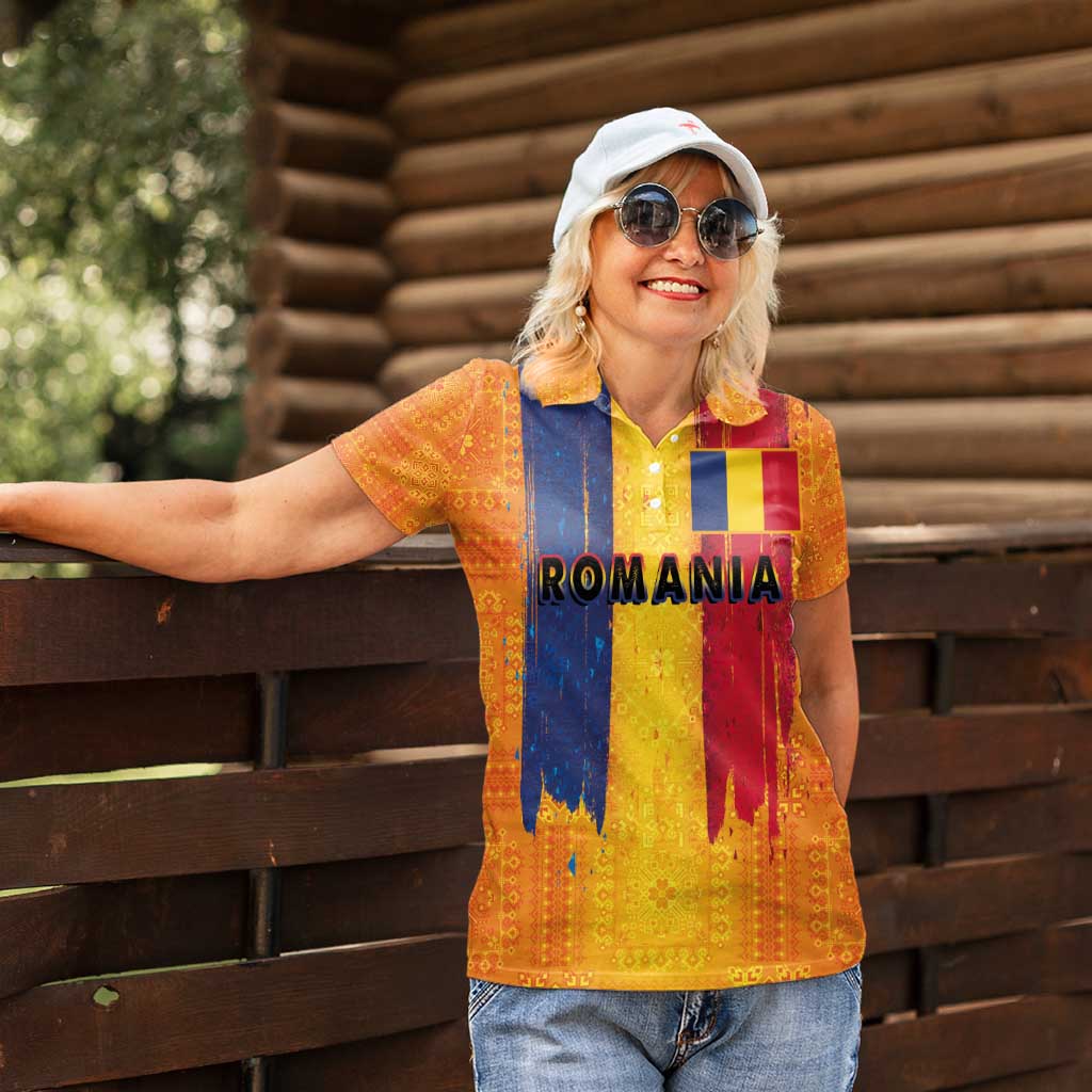 Personalized Romania Flag Day Women Polo Shirt Traditional Pattern Royal Style