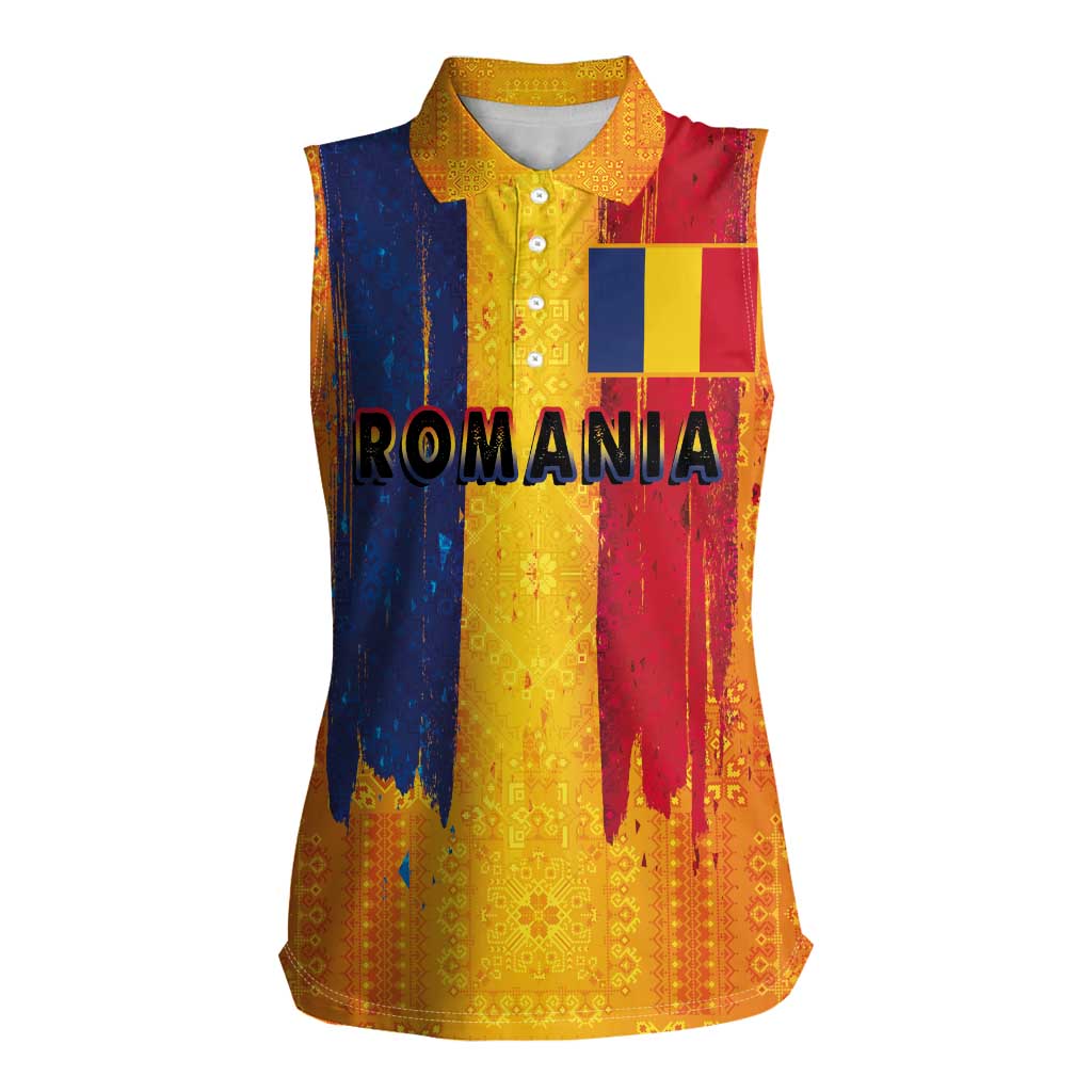 Personalized Romania Flag Day Women Sleeveless Polo Shirt Traditional Pattern Royal Style
