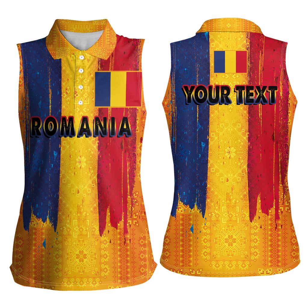 Personalized Romania Flag Day Women Sleeveless Polo Shirt Traditional Pattern Royal Style