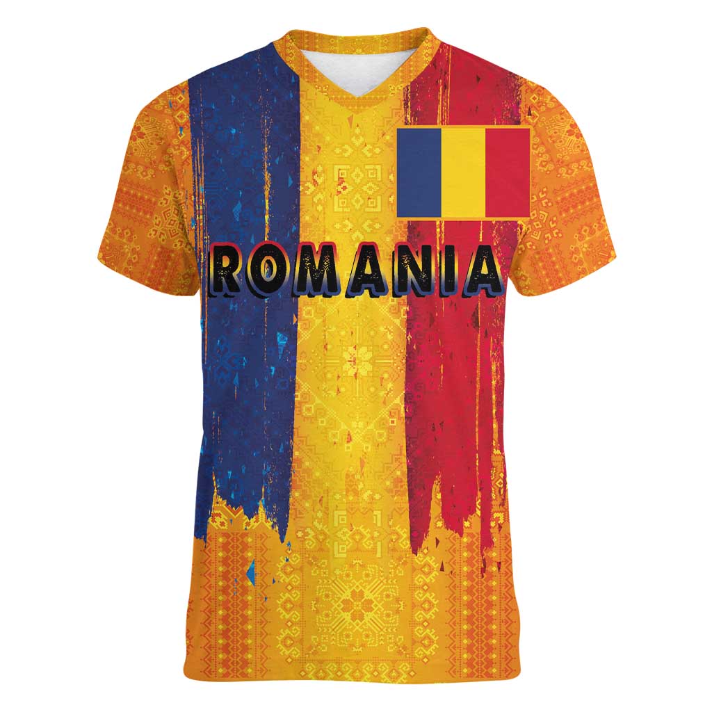 Personalized Romania Flag Day Women V-Neck T-Shirt Traditional Pattern Royal Style