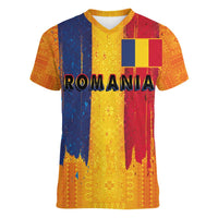 Personalized Romania Flag Day Women V-Neck T-Shirt Traditional Pattern Royal Style
