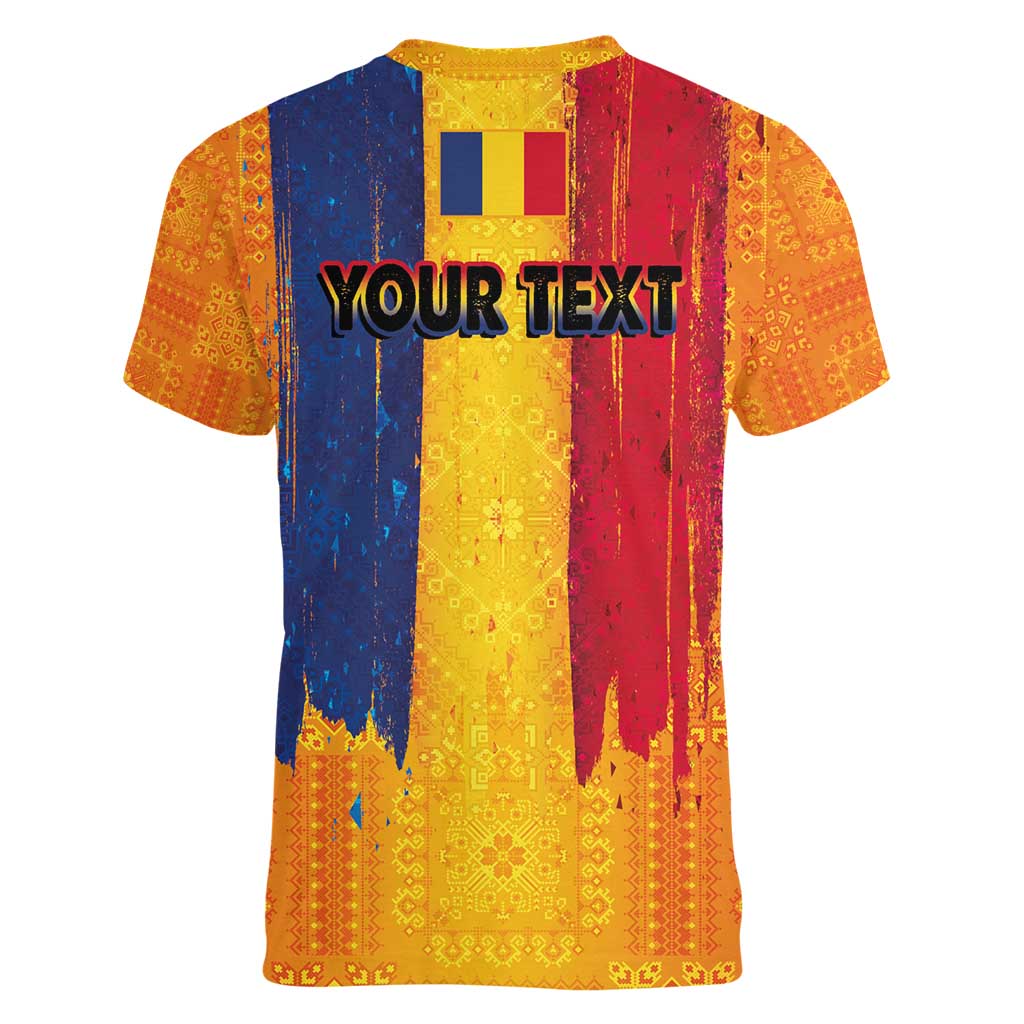 Personalized Romania Flag Day Women V-Neck T-Shirt Traditional Pattern Royal Style