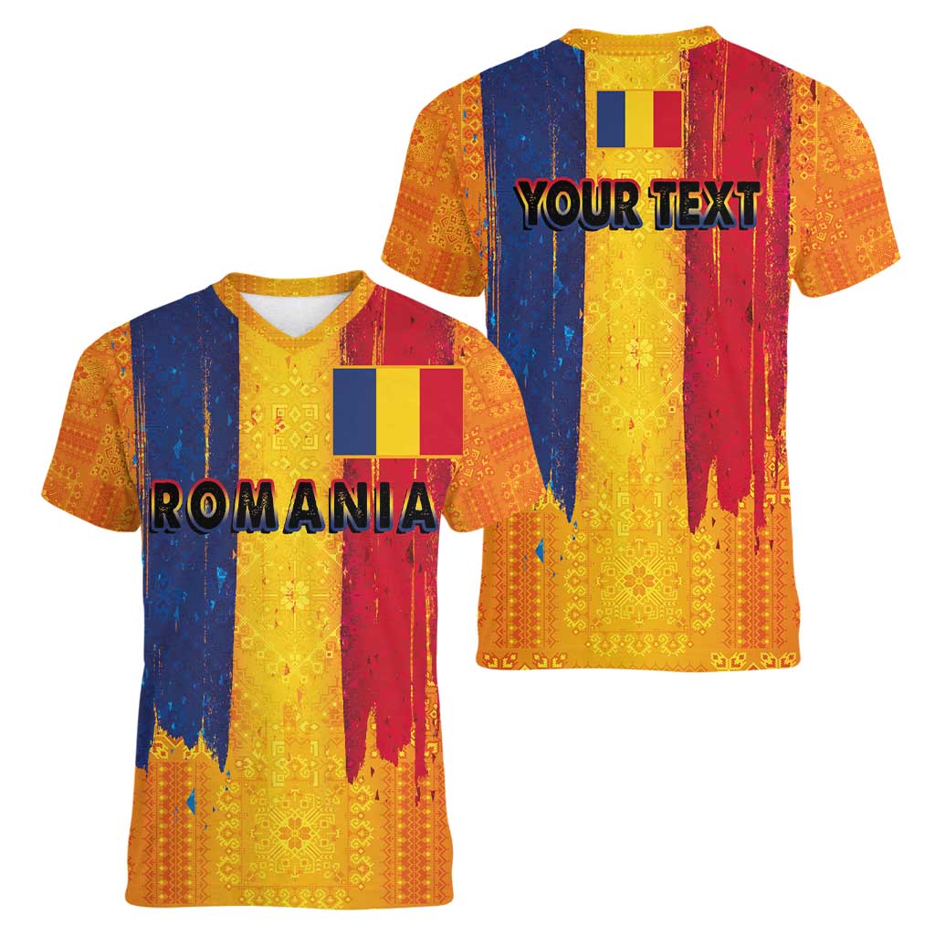 Personalized Romania Flag Day Women V-Neck T-Shirt Traditional Pattern Royal Style