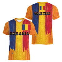 Personalized Romania Flag Day Women V-Neck T-Shirt Traditional Pattern Royal Style