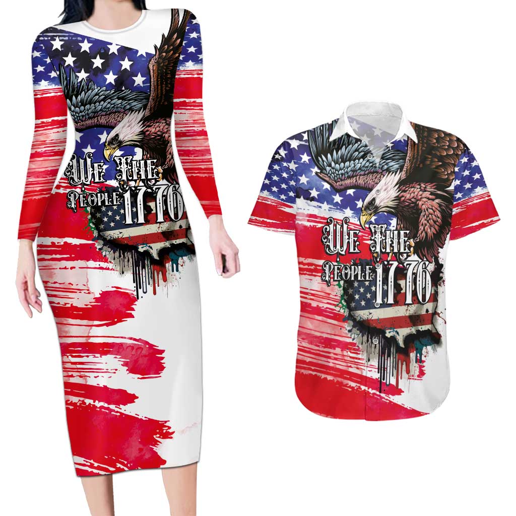 The United States Independence Day Couples Matching Long Sleeve Bodycon Dress and Hawaiian Shirt We The People Watercolor Style