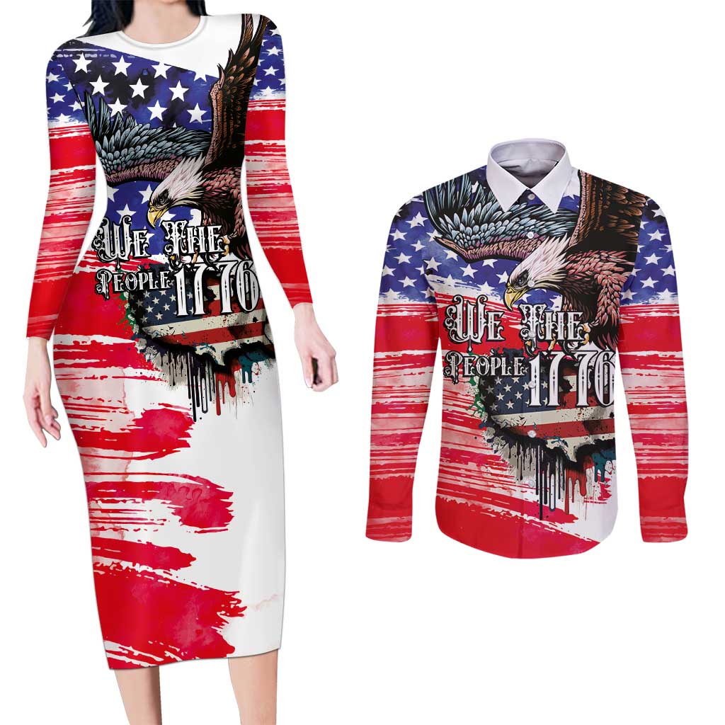 The United States Independence Day Couples Matching Long Sleeve Bodycon Dress and Long Sleeve Button Shirt We The People Watercolor Style