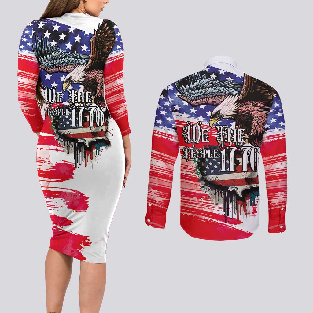 The United States Independence Day Couples Matching Long Sleeve Bodycon Dress and Long Sleeve Button Shirt We The People Watercolor Style