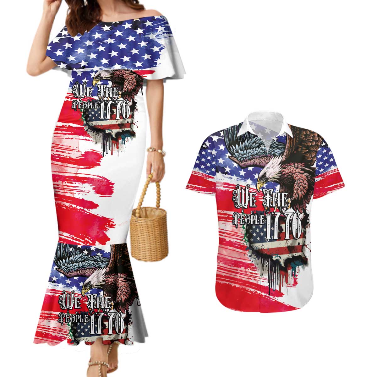 The United States Independence Day Couples Matching Mermaid Dress and Hawaiian Shirt We The People Watercolor Style