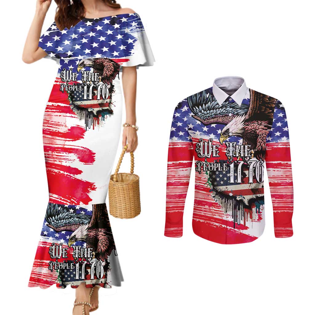 The United States Independence Day Couples Matching Mermaid Dress and Long Sleeve Button Shirt We The People Watercolor Style