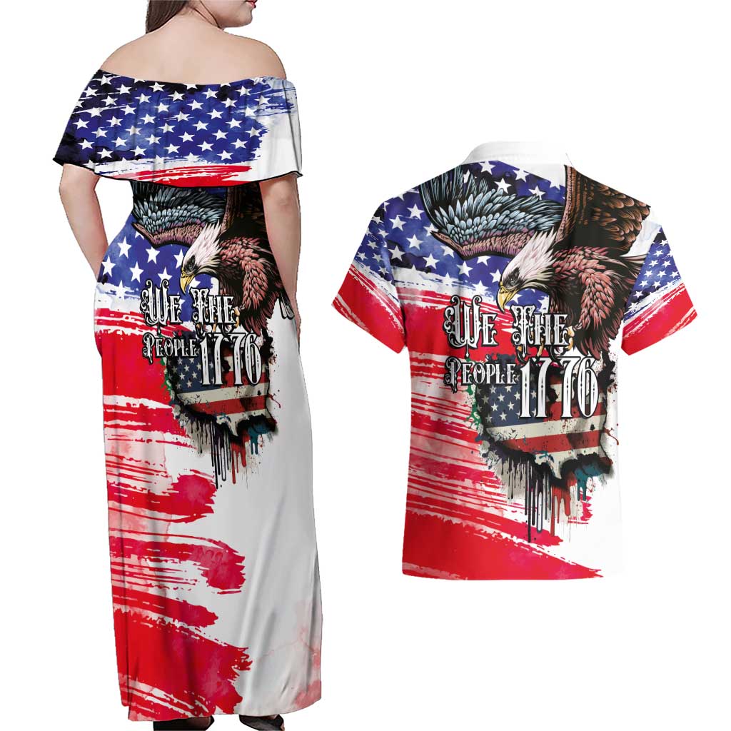 The United States Independence Day Couples Matching Off Shoulder Maxi Dress and Hawaiian Shirt We The People Watercolor Style