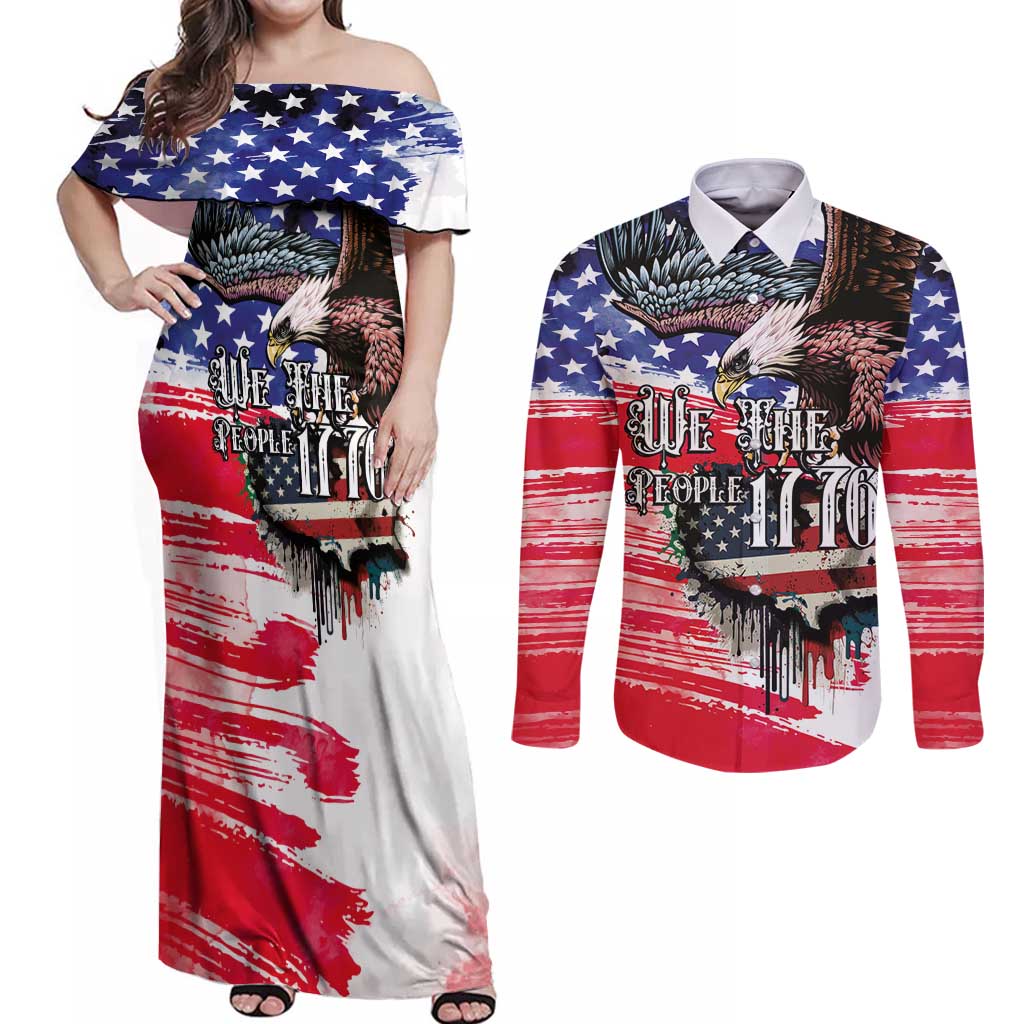 The United States Independence Day Couples Matching Off Shoulder Maxi Dress and Long Sleeve Button Shirt We The People Watercolor Style