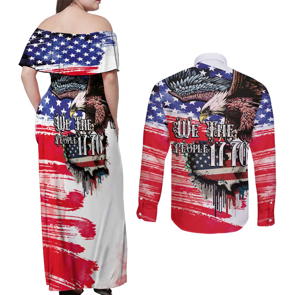 The United States Independence Day Couples Matching Off Shoulder Maxi Dress and Long Sleeve Button Shirt We The People Watercolor Style