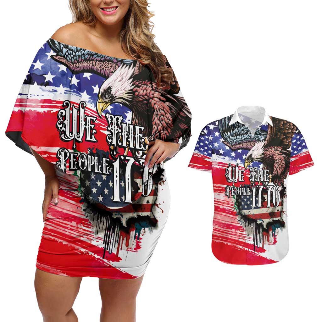 The United States Independence Day Couples Matching Off Shoulder Short Dress and Hawaiian Shirt We The People Watercolor Style