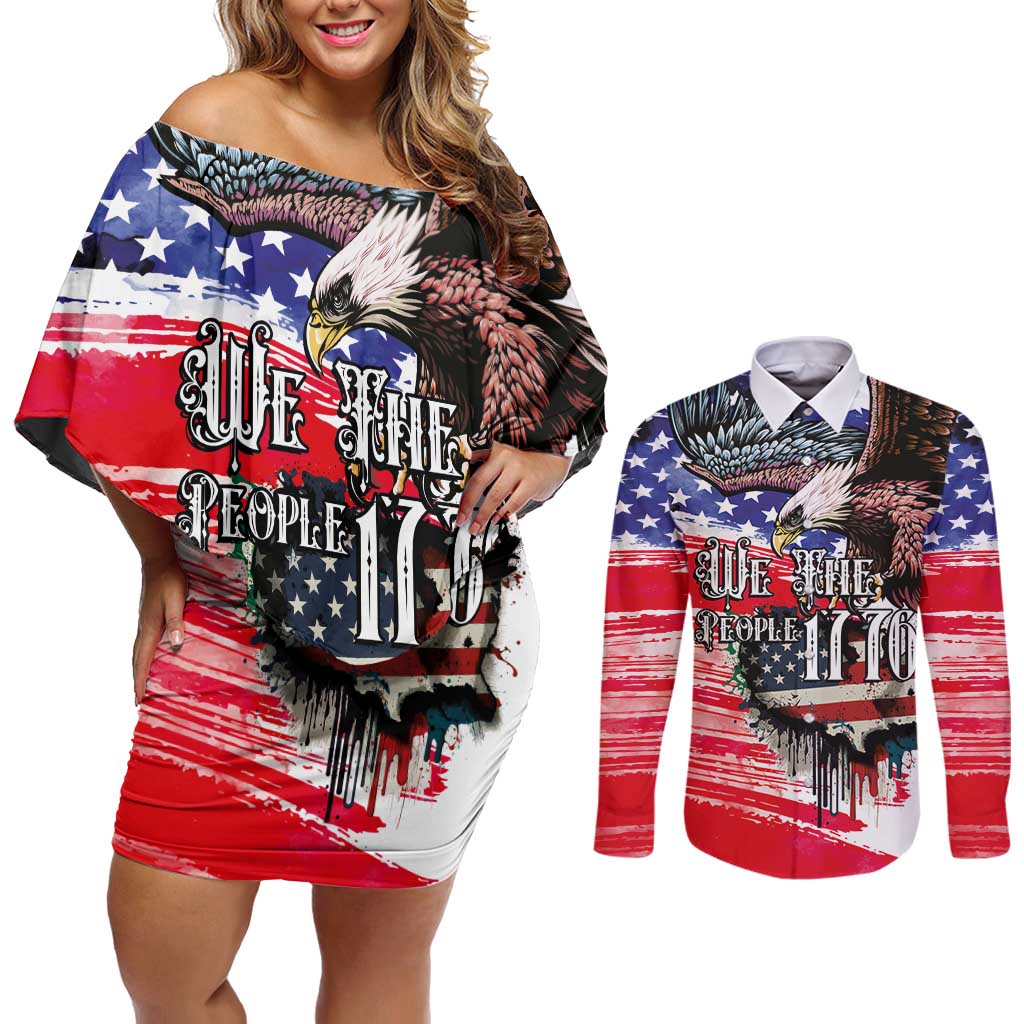 The United States Independence Day Couples Matching Off Shoulder Short Dress and Long Sleeve Button Shirt We The People Watercolor Style