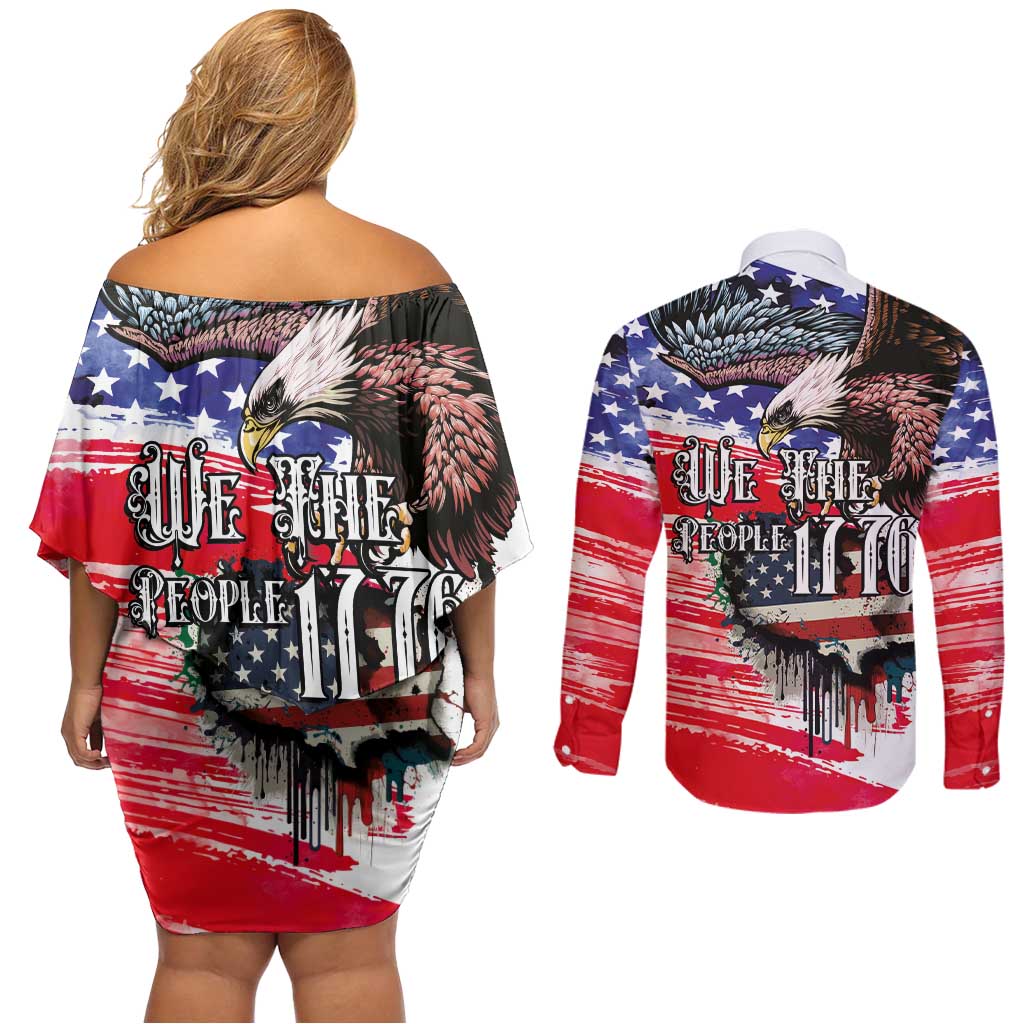 The United States Independence Day Couples Matching Off Shoulder Short Dress and Long Sleeve Button Shirt We The People Watercolor Style