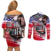 The United States Independence Day Couples Matching Off Shoulder Short Dress and Long Sleeve Button Shirt We The People Watercolor Style