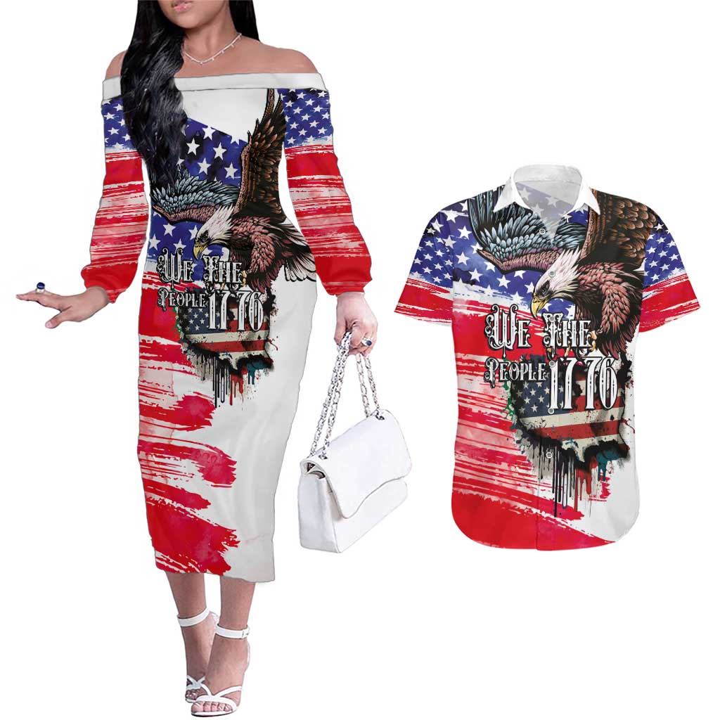 The United States Independence Day Couples Matching Off The Shoulder Long Sleeve Dress and Hawaiian Shirt We The People Watercolor Style
