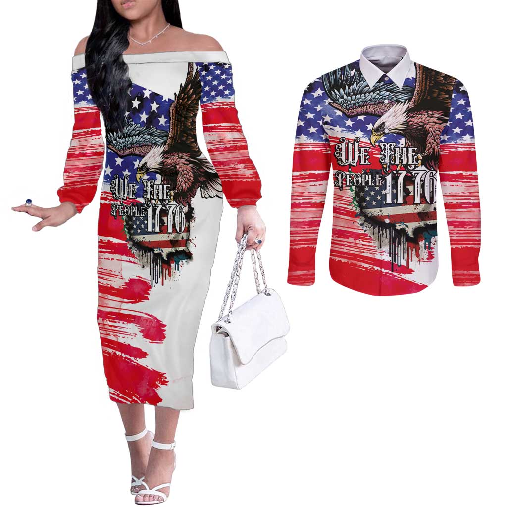 The United States Independence Day Couples Matching Off The Shoulder Long Sleeve Dress and Long Sleeve Button Shirt We The People Watercolor Style