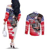The United States Independence Day Couples Matching Off The Shoulder Long Sleeve Dress and Long Sleeve Button Shirt We The People Watercolor Style