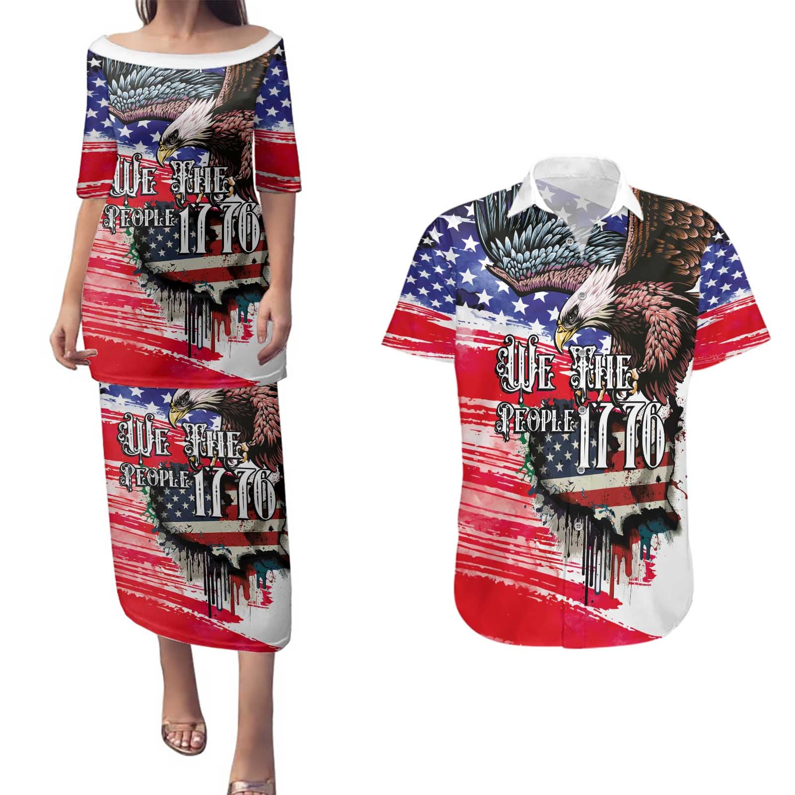 The United States Independence Day Couples Matching Puletasi and Hawaiian Shirt We The People Watercolor Style