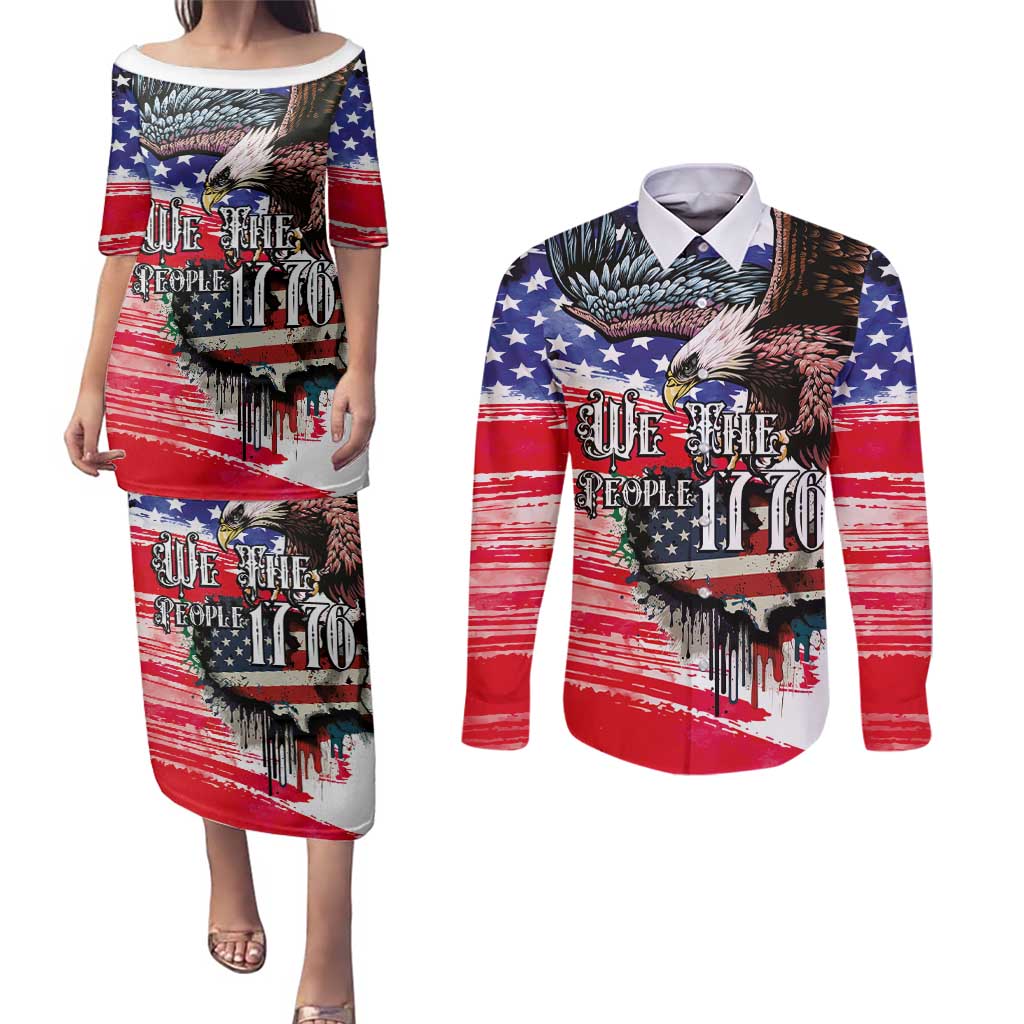 The United States Independence Day Couples Matching Puletasi and Long Sleeve Button Shirt We The People Watercolor Style