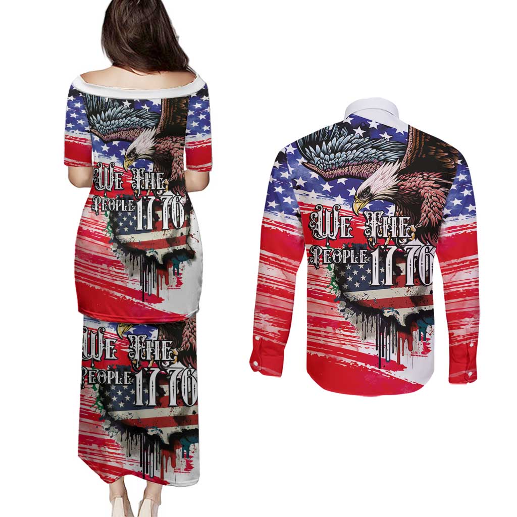 The United States Independence Day Couples Matching Puletasi and Long Sleeve Button Shirt We The People Watercolor Style