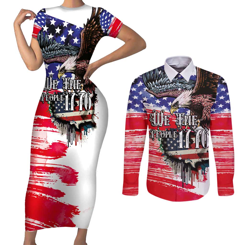The United States Independence Day Couples Matching Short Sleeve Bodycon Dress and Long Sleeve Button Shirt We The People Watercolor Style