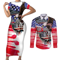 The United States Independence Day Couples Matching Short Sleeve Bodycon Dress and Long Sleeve Button Shirt We The People Watercolor Style