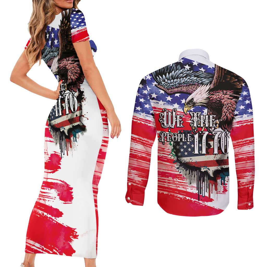 The United States Independence Day Couples Matching Short Sleeve Bodycon Dress and Long Sleeve Button Shirt We The People Watercolor Style